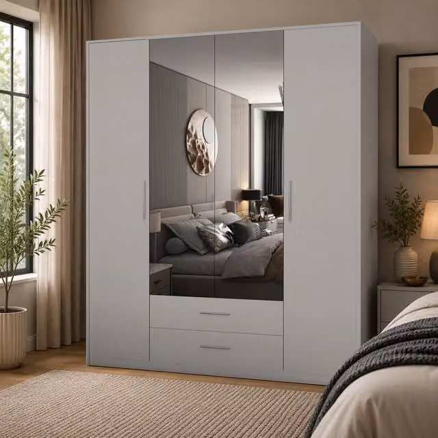 Swindon Matt White 4 Door Wardrobe with Mirror and 2 Integrated Drawers, W: 180 cm