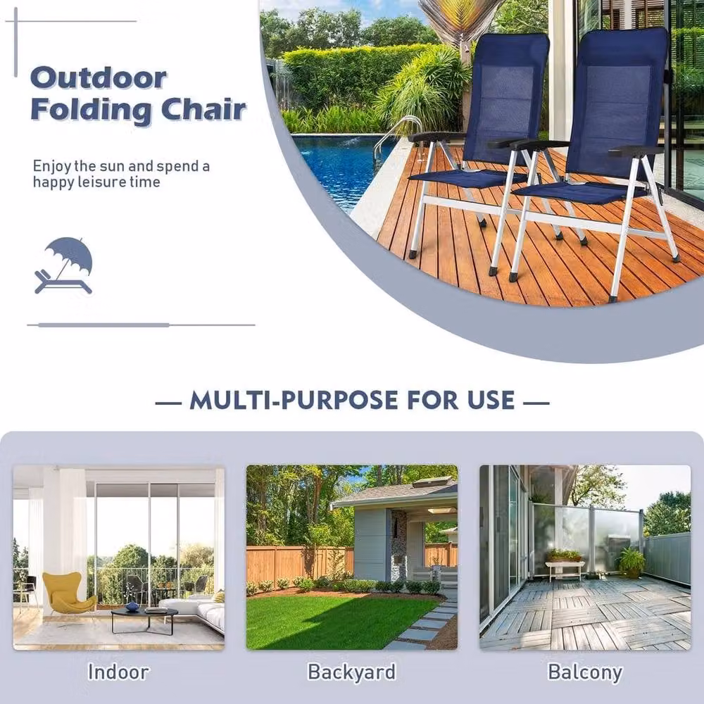Kelvenix 2-Piece Set of Blue Folding Patio Chairs with Armrests and 7-Position Angle Adjustment – 4