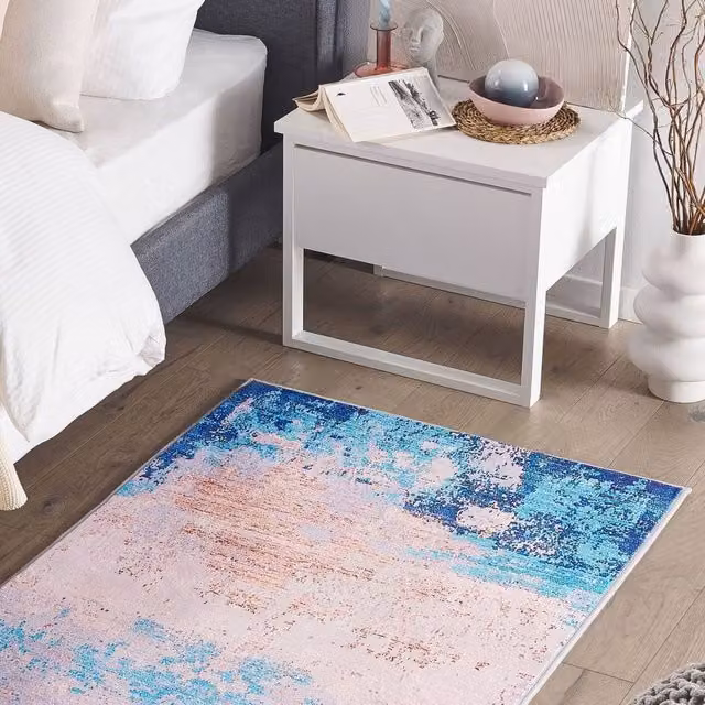Wyld and Coco Blue Distressed Ombre Polyester Anti Slip Area Rug W: 80 cm, L: 150 cm – 1