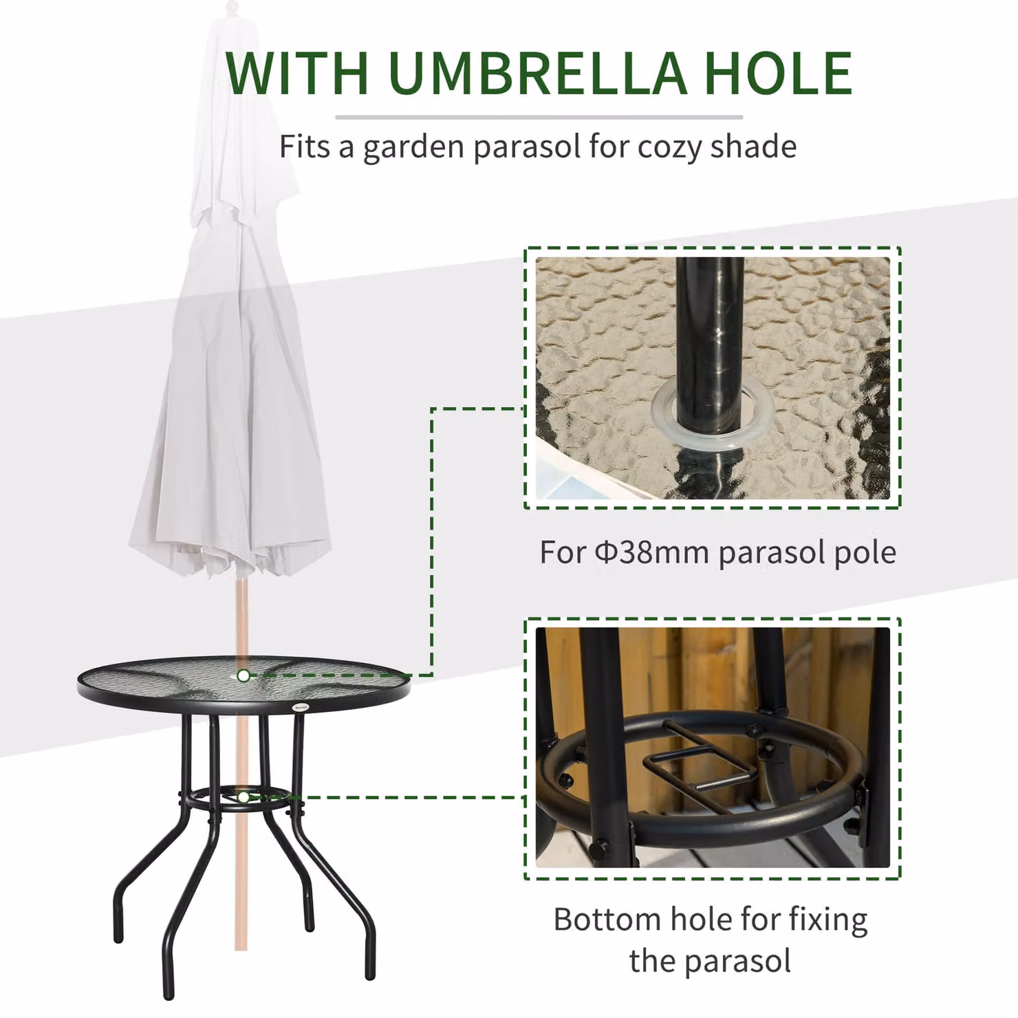 Outsunny Round Garden Dining Table with Tempered Glass Top and Parasol Hole, Black – 4