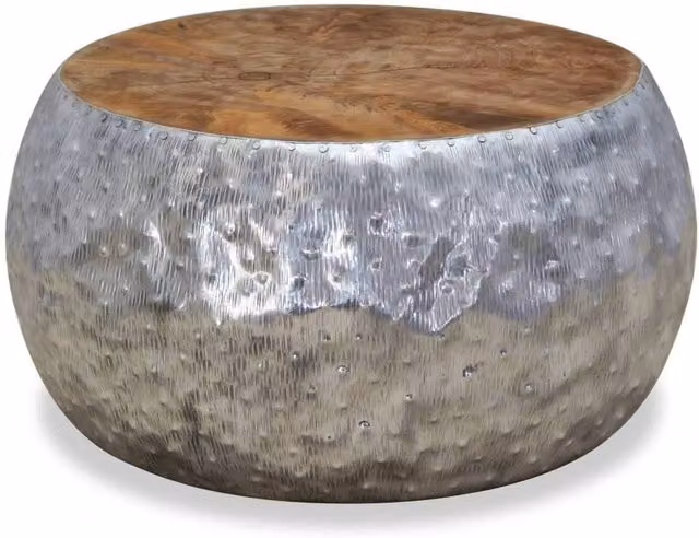 Berkfield Home Round Teak and Aluminium Coffee Table in Silver, W/D/H: 60 x 60 x 30 cm