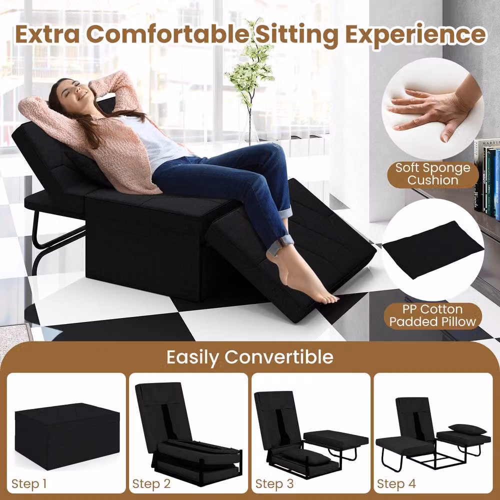 Gymax Convertible Folding Sofa Bed Ottoman Recliner in Black – 7