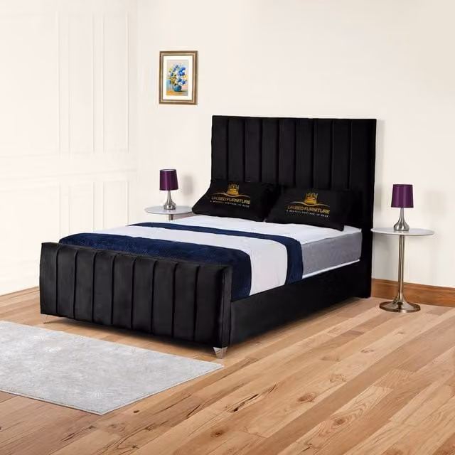 UK Bed Furniture Lisburn Modern Upholstered Velvet Slatted Base Bed in Black, Size: 180 x 200 cm – 1