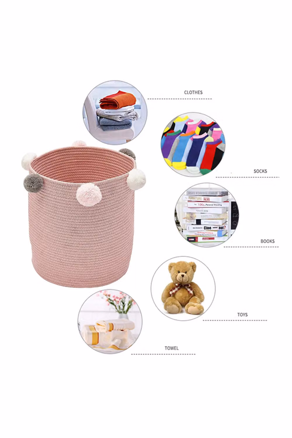 Living and Home Pink Cotton Rope Woven Basket with Pompoms for Laundry, Blankets or Toys, W/D/H: 37.0 x 32.0 x 32.0 cm – 2