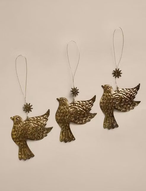 M&S 3 Pack Metal Dove Hanging Christmas Tree Ornaments in Gold