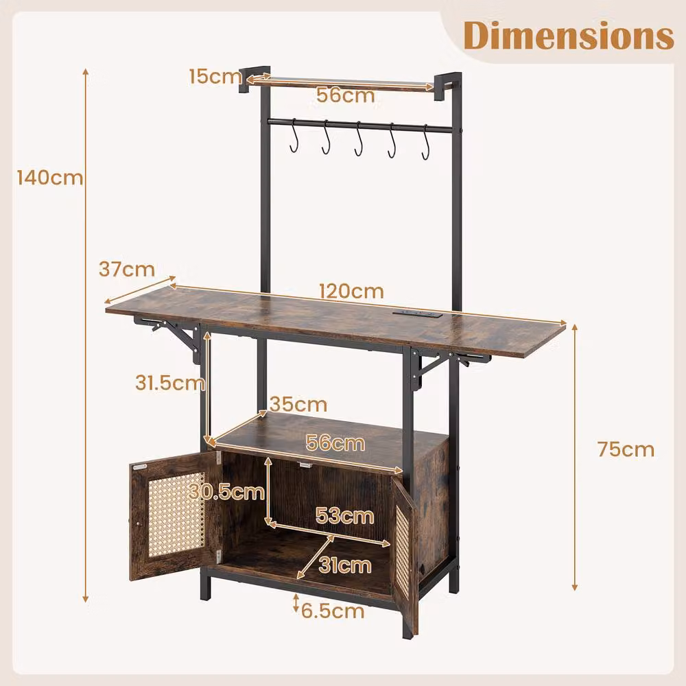 Costway Bakers Rack Microwave Stand with Drop Leaf and Rattan Details in Brown – 2