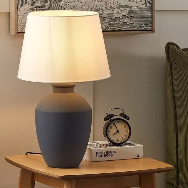 Wyld and Coco Grey Ceramic Table Lamp with Fabric Cylinder Shade – 1