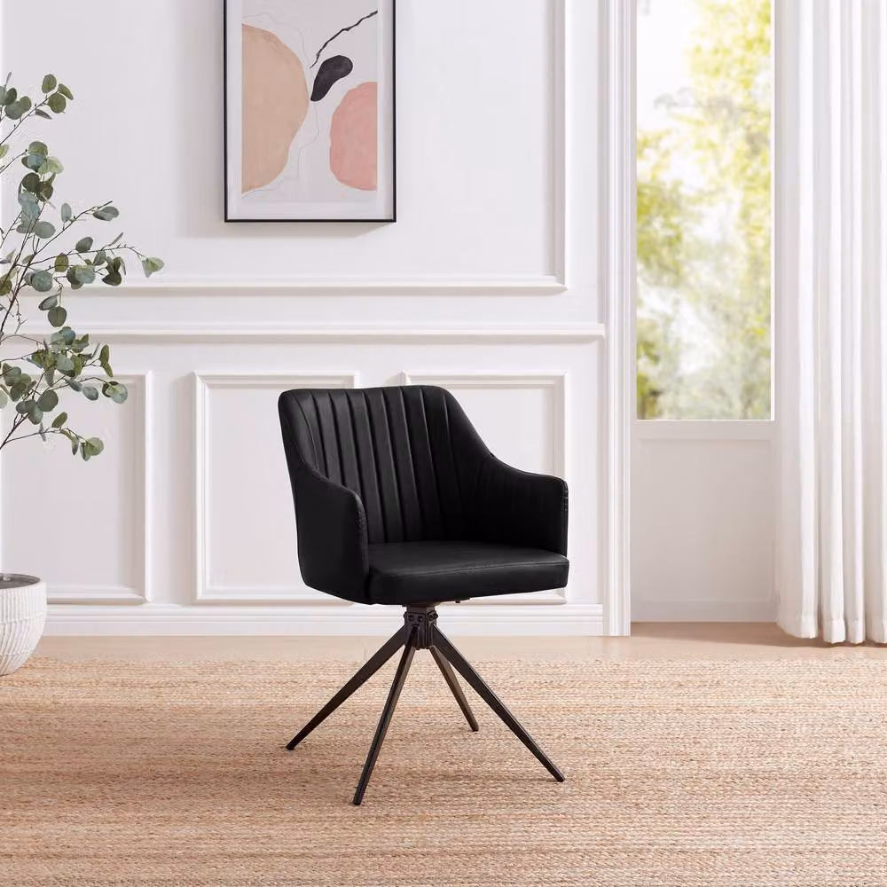 FurnitureboxUK Penrose Black Round Dining Table and 4 Calla Faux Leather Swivel Chairs, Diameter: 120 cm – 6