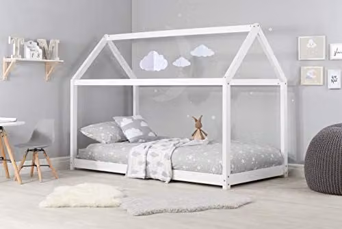 Birlea White Solid Pine House Kids Bed, W/D/H: 90 x 200 x 142.5 cm