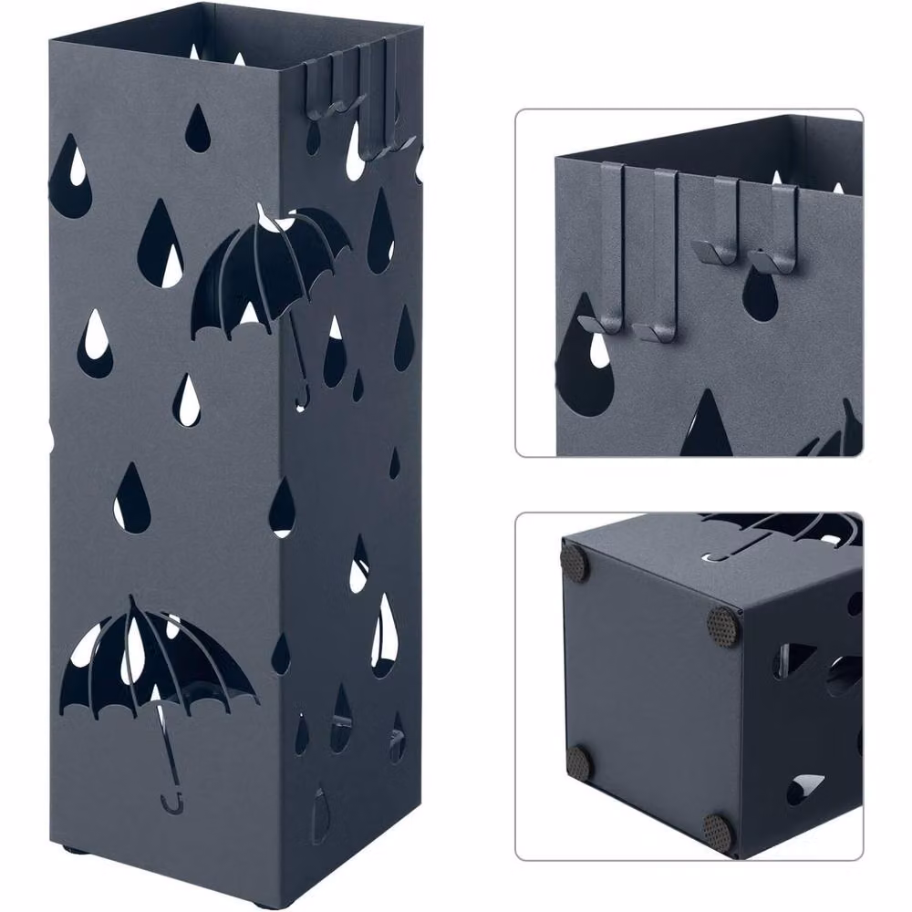 The Bazaarist Metal Umbrella Stand with Hooks and Removable Drip Tray, Grey – 4