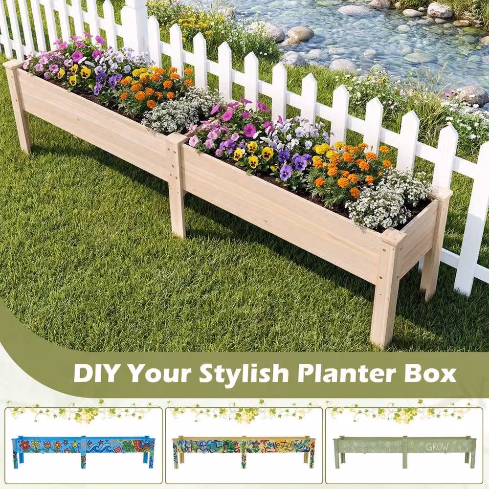 VOGREX Brown Fir Wood Raised Garden Bed with Legs, W: 240 cm, D: 44 cm, H: 51.5 cm – 3