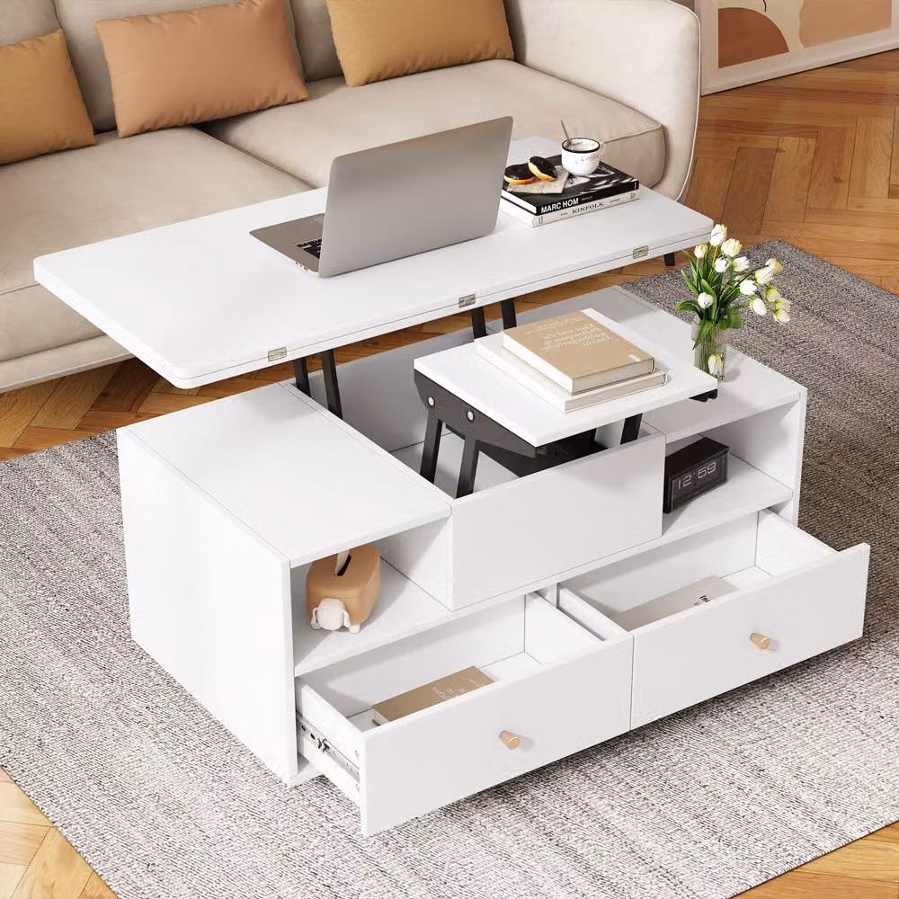 Rolipo White Lift-Top Coffee Table with Extendable Top, 4 Drawers and Castors – 4