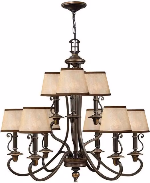 Elstead Plymouth 9 Light Multi Arm Chandelier in Olde Bronze Finish with Amber and Beige Fabric Shades
