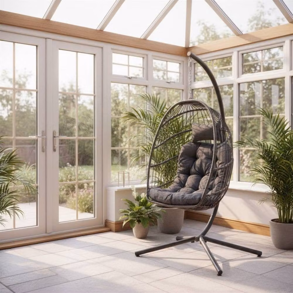 Samuel Alexander Grey Rattan Hanging Egg Chair with Metal Stand and Cushions for Indoor Use – 2