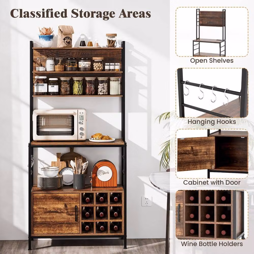 Gymax Brown Metal Bakers Rack Bar Cabinet and Microwave Stand with Power Outlet – 2