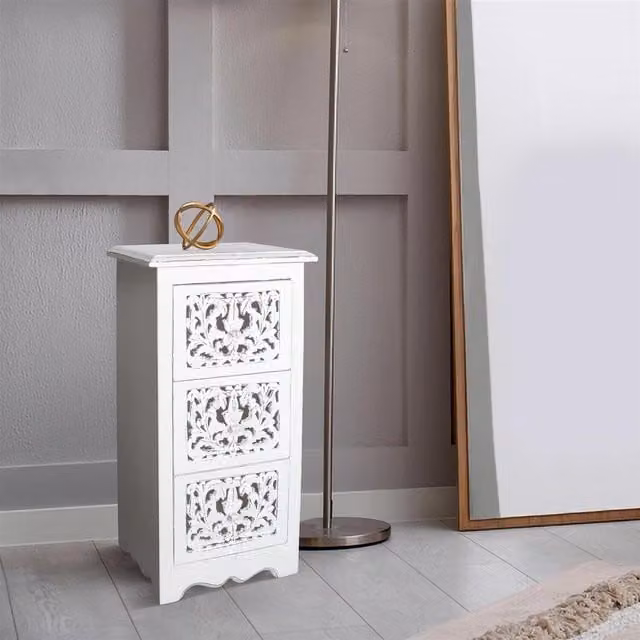 Topfurnishing White Carved 3 Drawer Bedside Cabinet with Floral Design