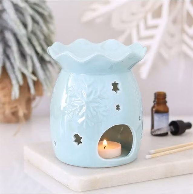 KDMD Iridescent Blue Snowflake Ceramic Oil Burner and Wax Warmer for Tealights