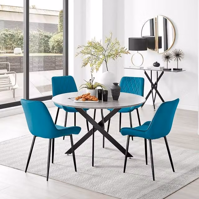 FurnitureboxUK Novara Grey Concrete Effect Round Dining Table and 4 Pesaro Blue Upholstered Chairs with Black Legs