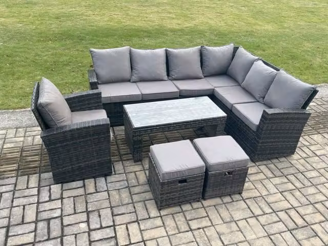 Fimous 9 Seat Rattan Garden Furniture Set with Corner Sofa, Table, Armchair and 2 Footstools in Dark Grey