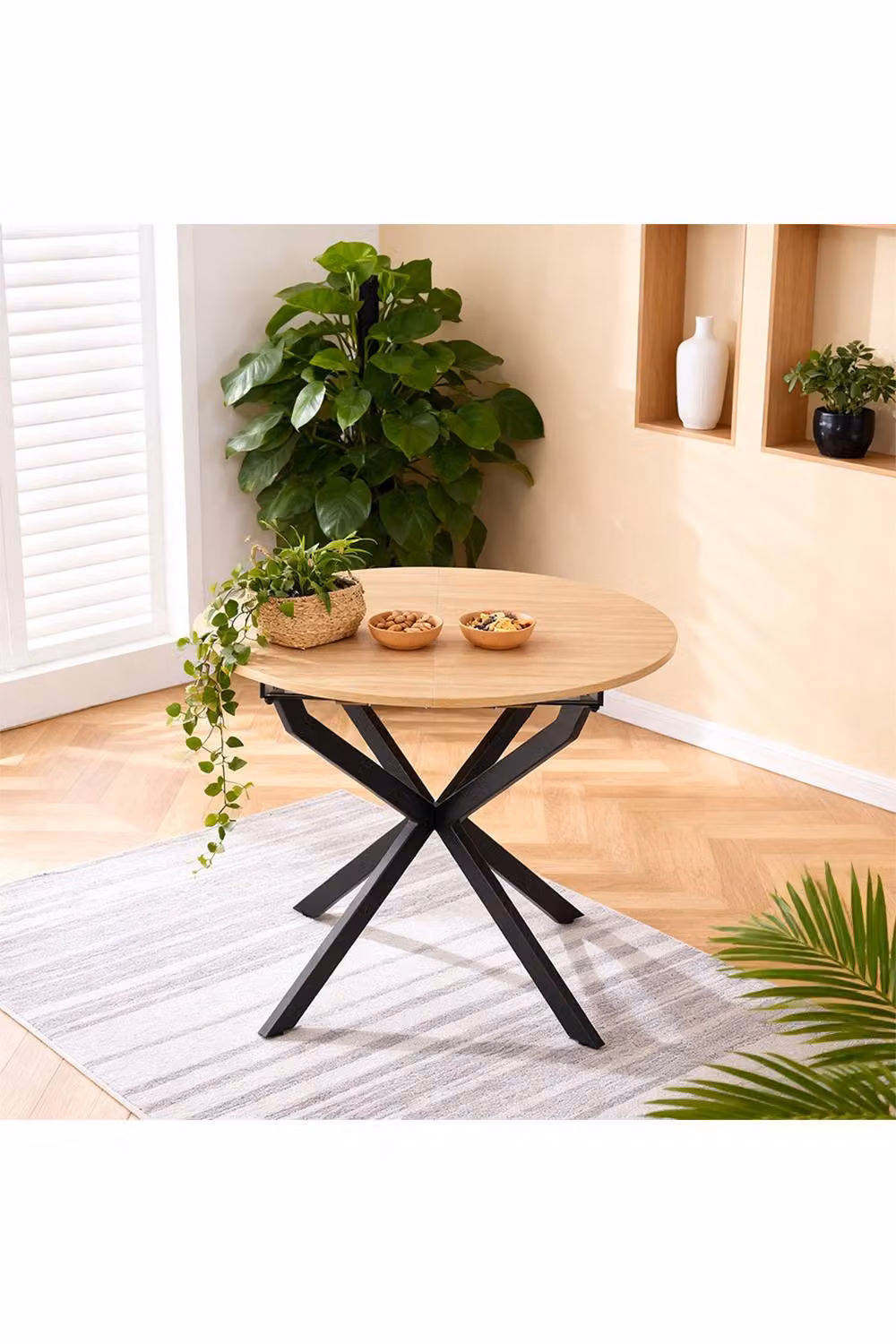 Living and Home Extendable Dining Table with MDF Laminate Top and Metal X-Frame Legs in Brown and Beige – 2