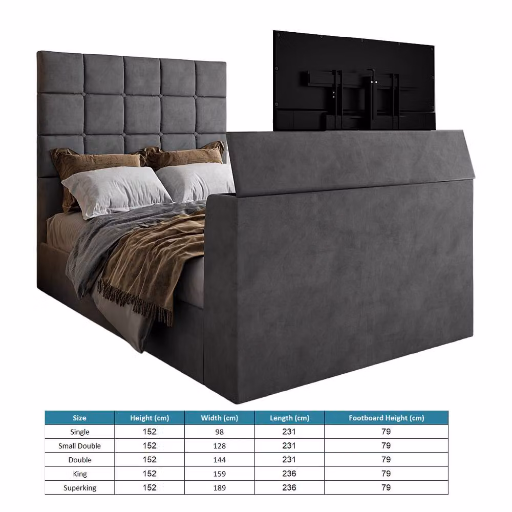 KDMD Allerton Upholstered Grey TV Bed Frame, Double, W/D/H: 140 x 200 cm – 3