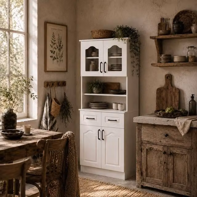 Wyld Haus Reluta Tafa White Tall Kitchen Cupboard with Glass Doors and Adjustable Shelves, Height: 168 cm