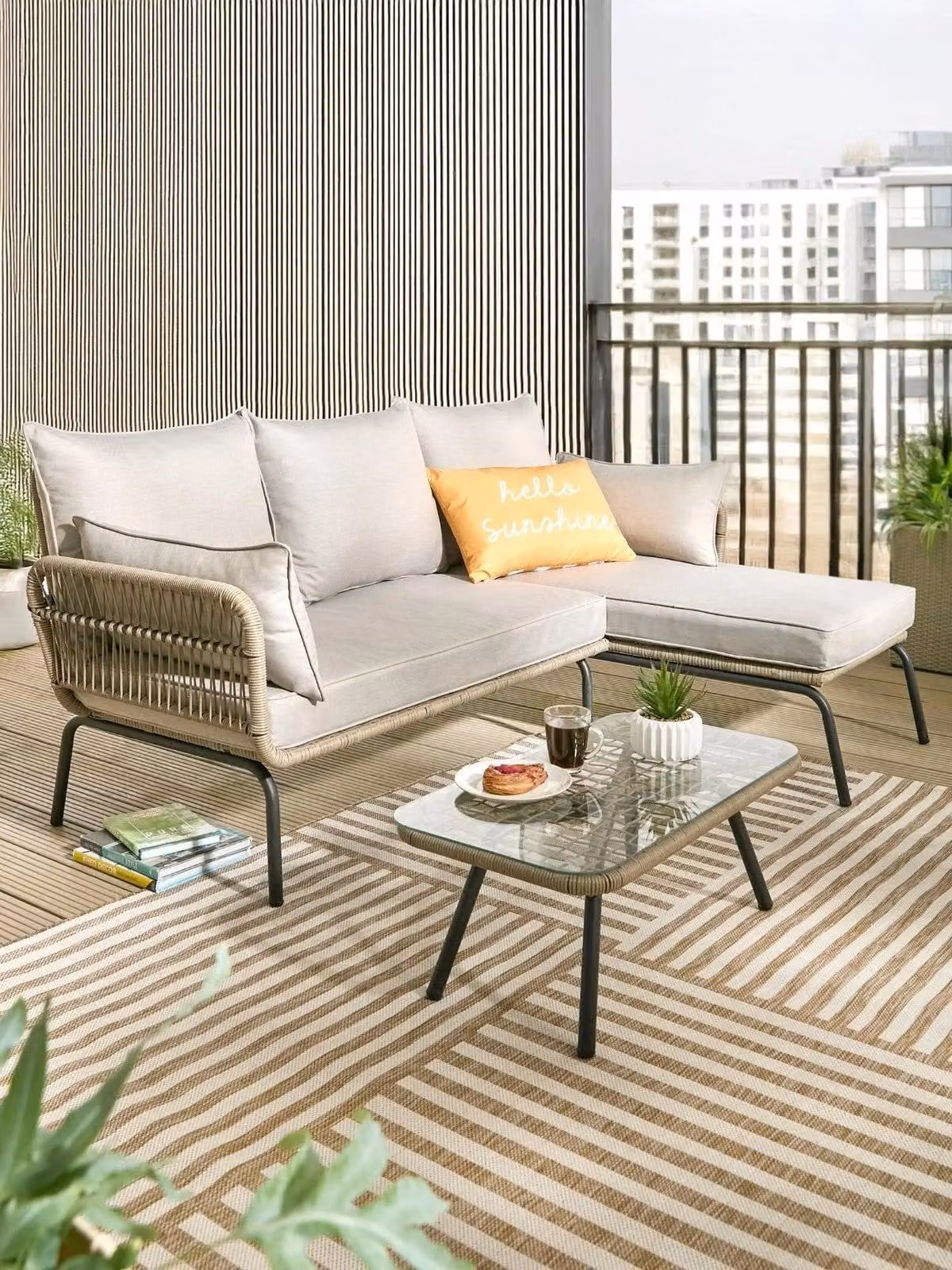 Cheap Furniture Warehouse Marbella Grey L-Shape Corner Chaise Outdoor Lounge Set with Upholstered Olefin Cushions and Powder Coated Steel Frame