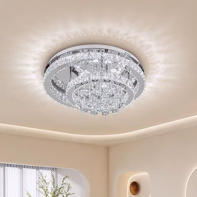 Livingandhome 2-Tier Round Crystal Ceiling Light with Pendants in Chrome and White