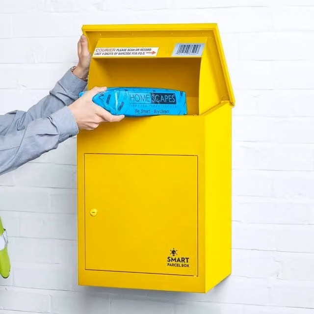 Homescapes Smart Parcel Box Medium Front Access Secure Delivery Box in Yellow, Steel, W/D/H: 58.0 x 44.0 x 58.0 cm
