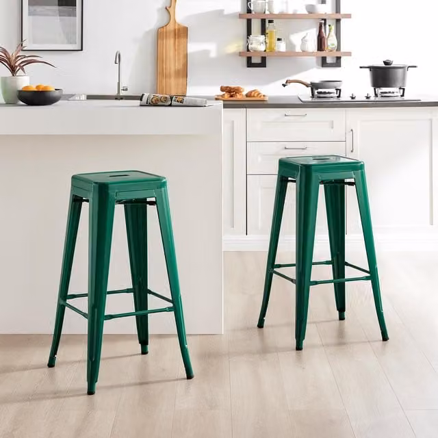 FurnitureboxUK Set of 2 Colton Tolix Style Metal Stackable Retro Industrial Bar Stools in Green