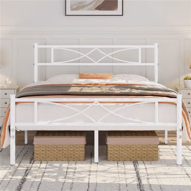 Yaheetech Metal Bed Frame in White, 140 x 200 cm