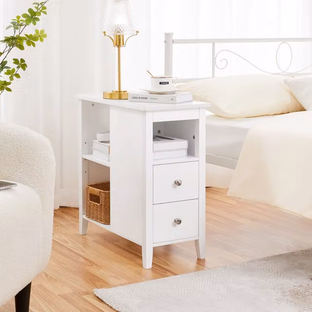 Yaheetech Slim Bedside Table with 2 Drawers and 3 Shelves in White
