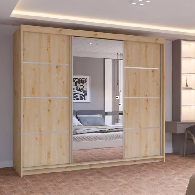 MN Furniture Pearl Contemporary 3 Door Sliding Wardrobe with Mirror Finish in Light Oak, W/D/H: 250 x 250 x 217 cm
