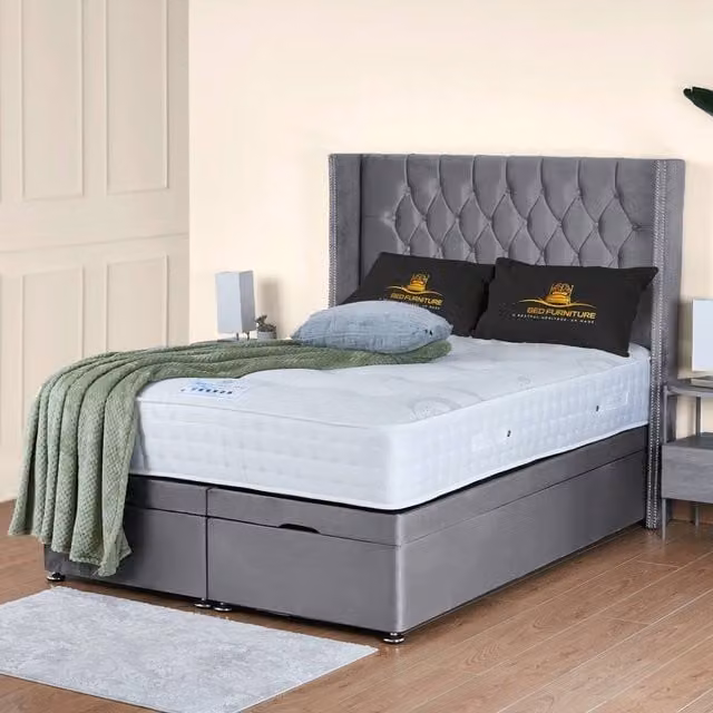 UK Bed Furniture Francesca End Lift Divan Ottoman Bed with 54 Inch Diamond Headboard in Grey, W/D/H: 90 x 190 cm