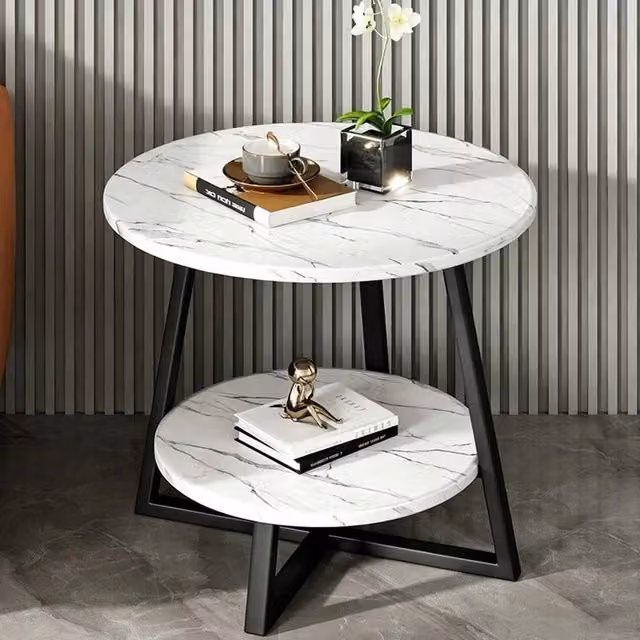 VOGREX Round 2-Tier Marble Sofa Side Table in White – 1