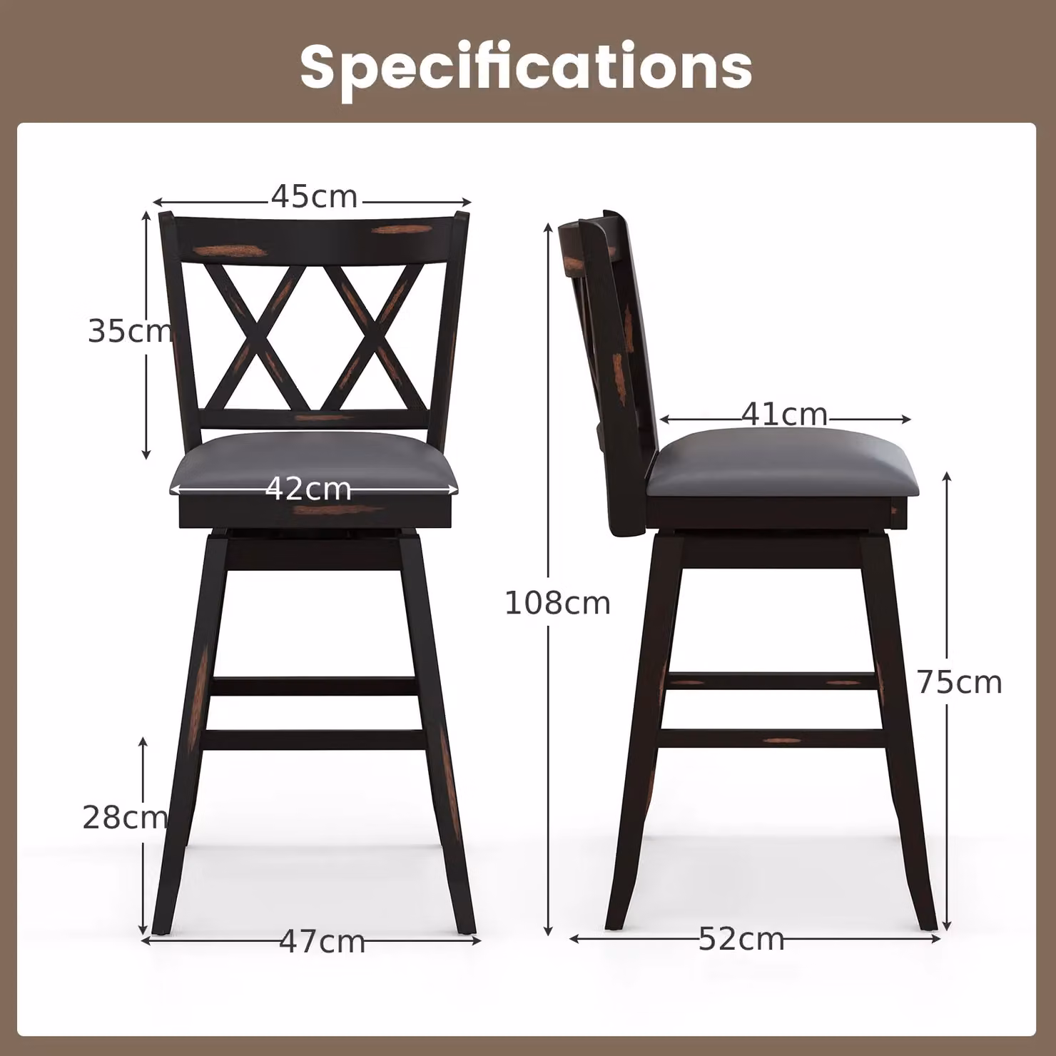 Costway Set of 2 Black Swivel Bar Stools with Upholstered Synthetic Leather Seats – 2