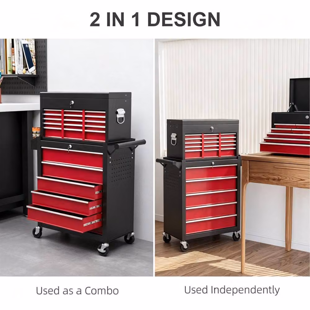 STILVORA 14 Drawer Steel Tool Storage Chest with Wheels, Pegboard and Lockable Feature in Red – 7