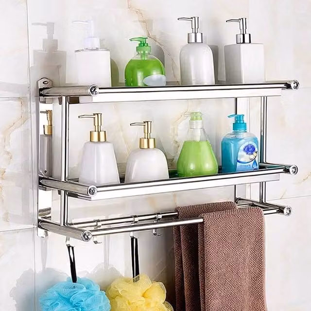 Kelvenix Wall Mounted Metal Bathroom Towel Rail and Bottle Holder in Silver