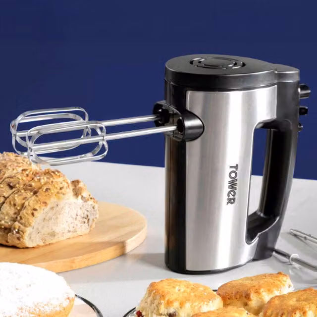 Tower 300W Electric Hand Mixer in Black with Stainless Steel