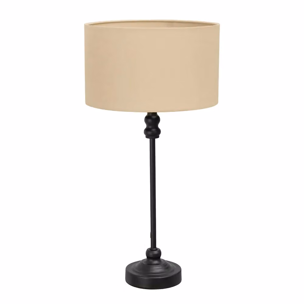ValueLights Maggie Black Metal Candlestick Table Lamp with Beige Fabric Drum Shade and LED Bulb – 2