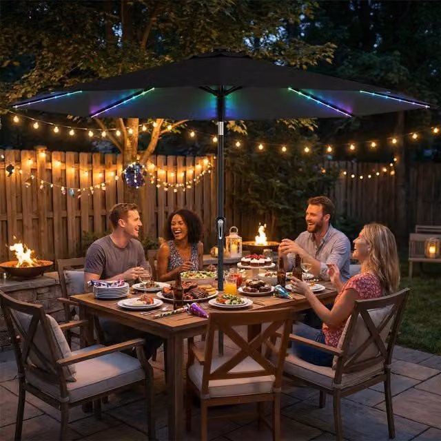 Outsunny 3 m Garden Parasol Umbrella with LED Lights, Black