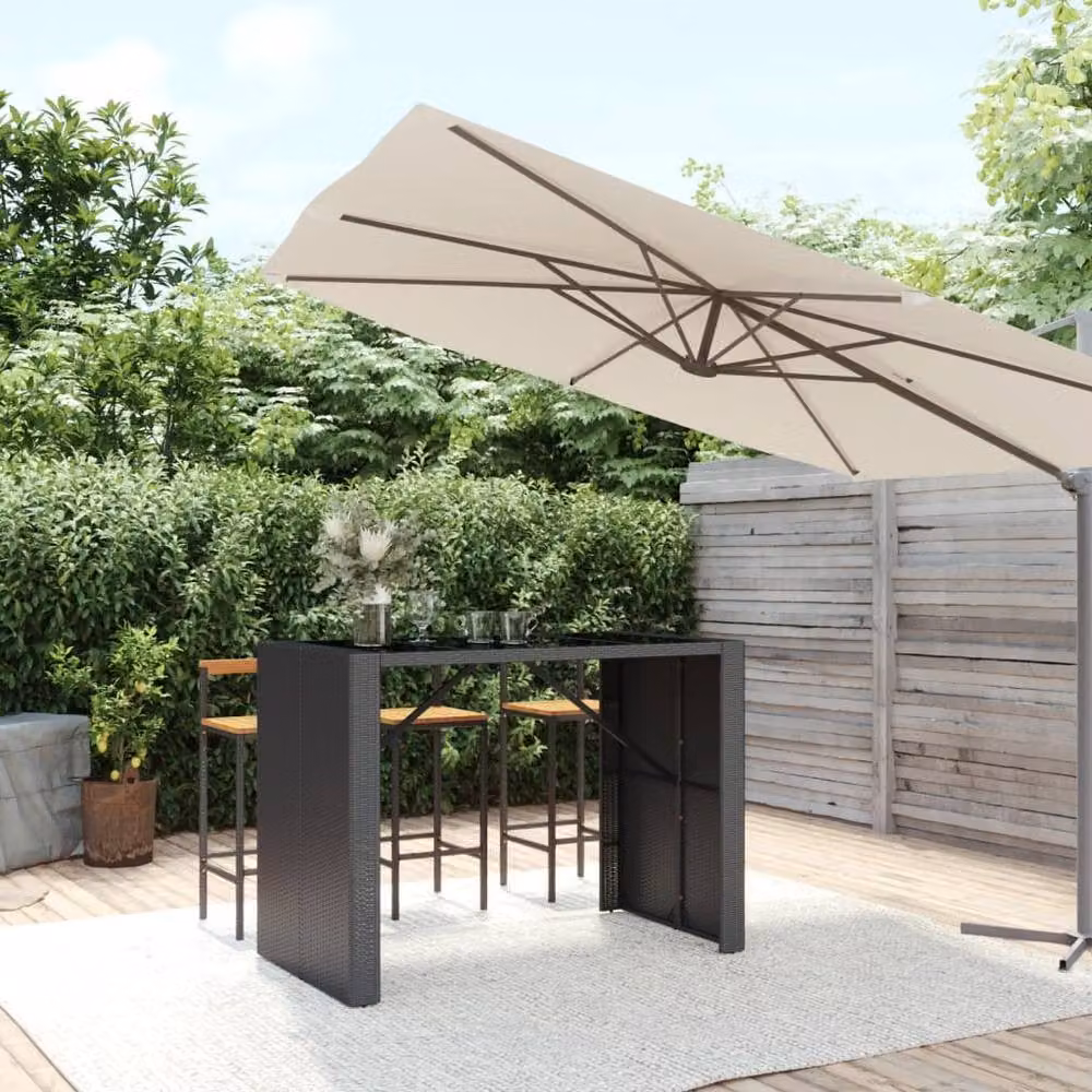Berkfield Modern Black Poly Rattan Home Bar Table with Glass Top, W/D/H: 145 x 80 x 110 cm – 2