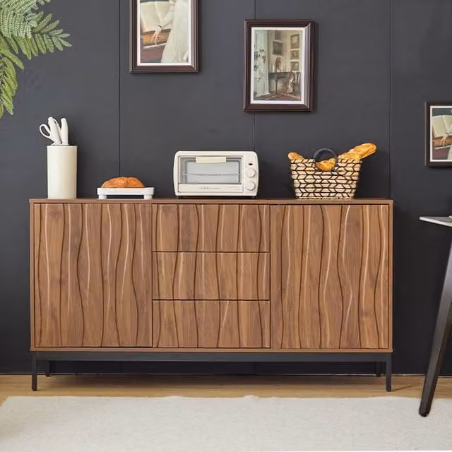 Rolipo Mid-Century Modern Dark Oak Sideboard with 3 Soft-Close Drawers in Brown and Black