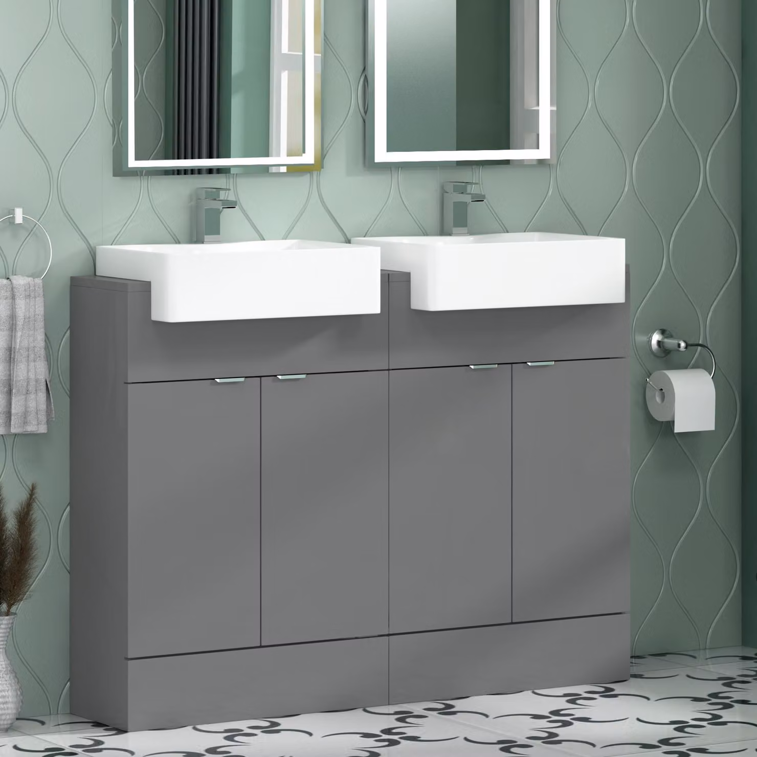 Royal Bathrooms Elena 1200mm Floor Standing Vanity Sink Unit in Indigo Grey Gloss with 4 Soft Close Doors and Semi Recessed Double Basin