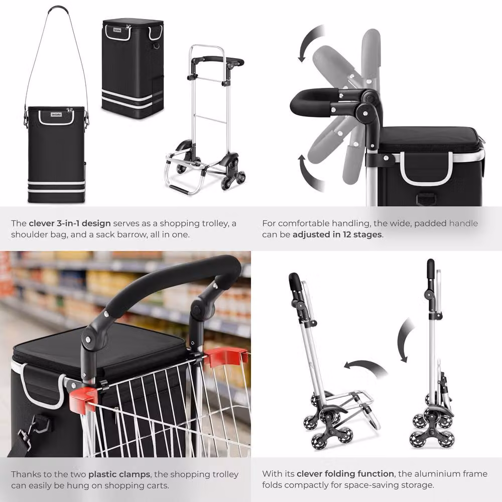 tectake 3-in-1 Foldable Shopping Trolley with Cooler Bag, Black – 5