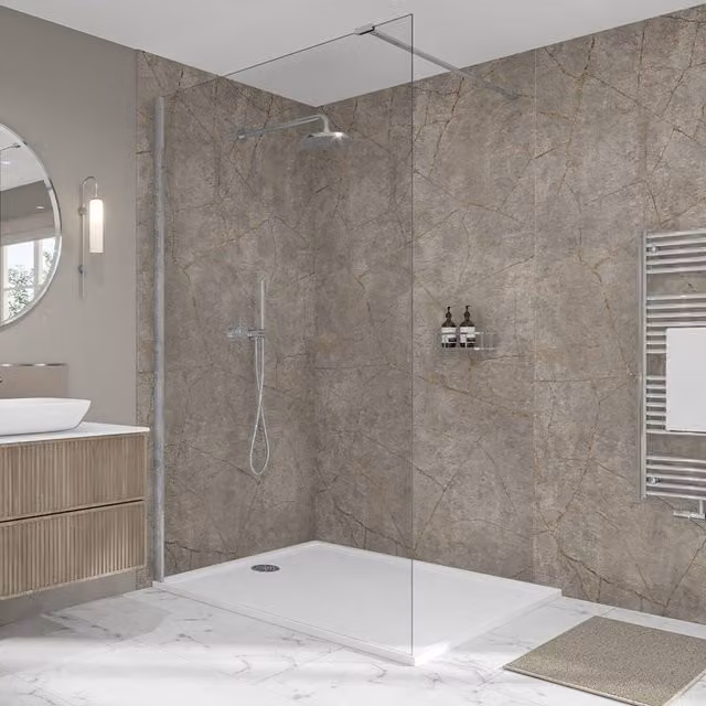 Wetwall Elite Double Post Formed Gold Stone Shower Panel in Taupe Stone Look