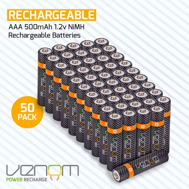 Venom 500mAh Rechargeable AAA Batteries, 50-Pack, Black