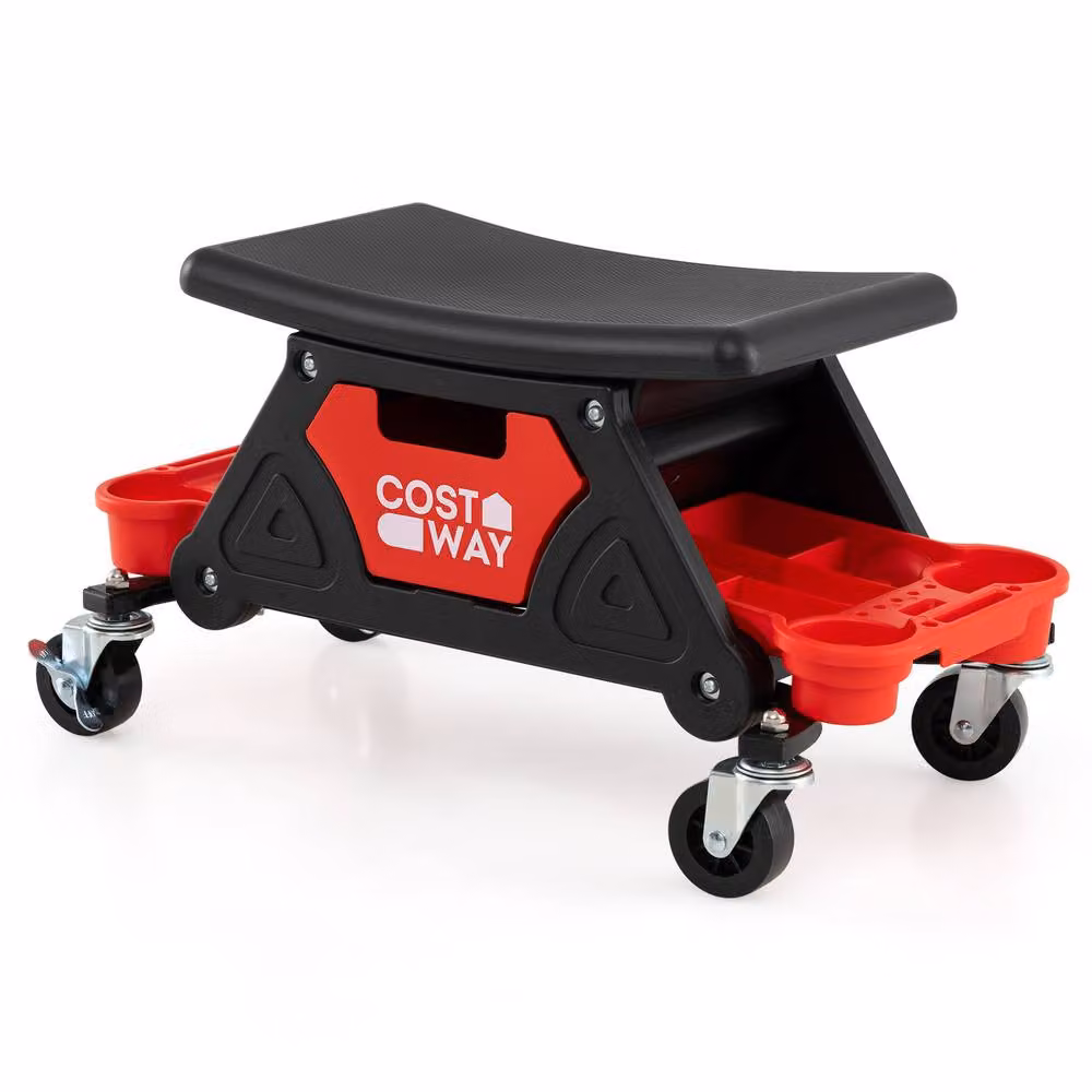 Costway Heavy-Duty Rolling Mechanic Garage Stool with Drawer and 2 Trays in Red – 2
