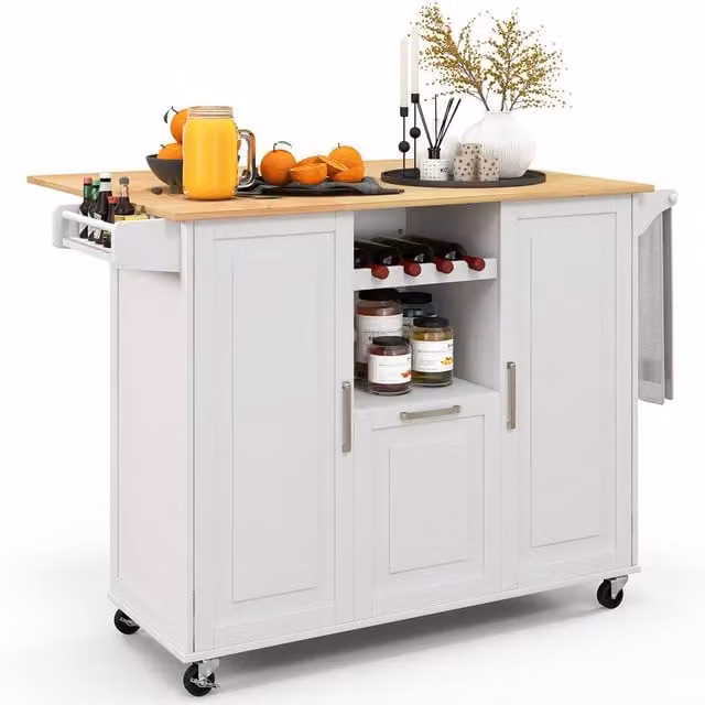 Costway Rolling Kitchen Trolley Cart with Drop-Leaf Countertop in White
