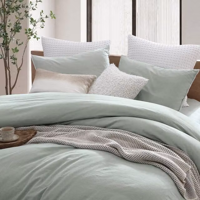 DKNY Pure Washed Linen and Cotton Double Duvet Cover Set with Pillowcases, Green, 140 x 200 cm